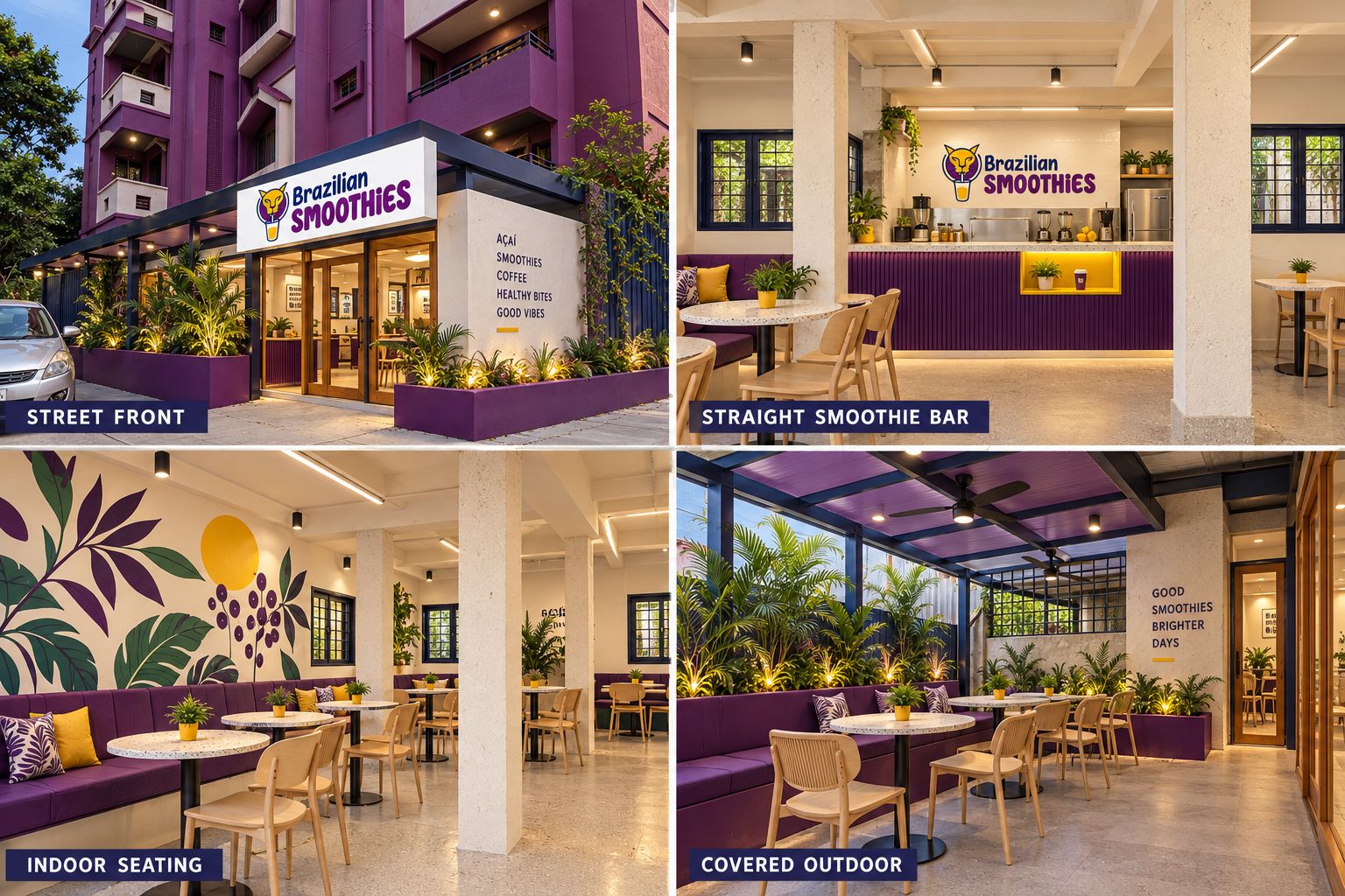Design renders: street front, smoothie bar, indoor seating and covered outdoor seating